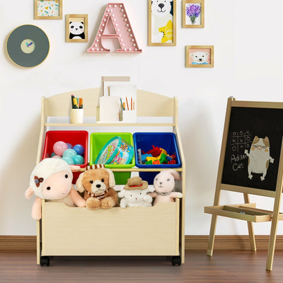 Kids Wooden Toy Storage Unit Organizer with Rolling Toy Box and Plastic Bins-Natural