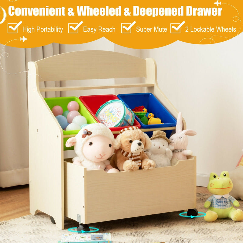 Kids Wooden Toy Storage Unit Organizer with Rolling Toy Box and Plastic Bins-Natural