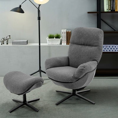 Upholstered Swivel Lounge Chair with Ottoman and Rocking Footstool-Gray