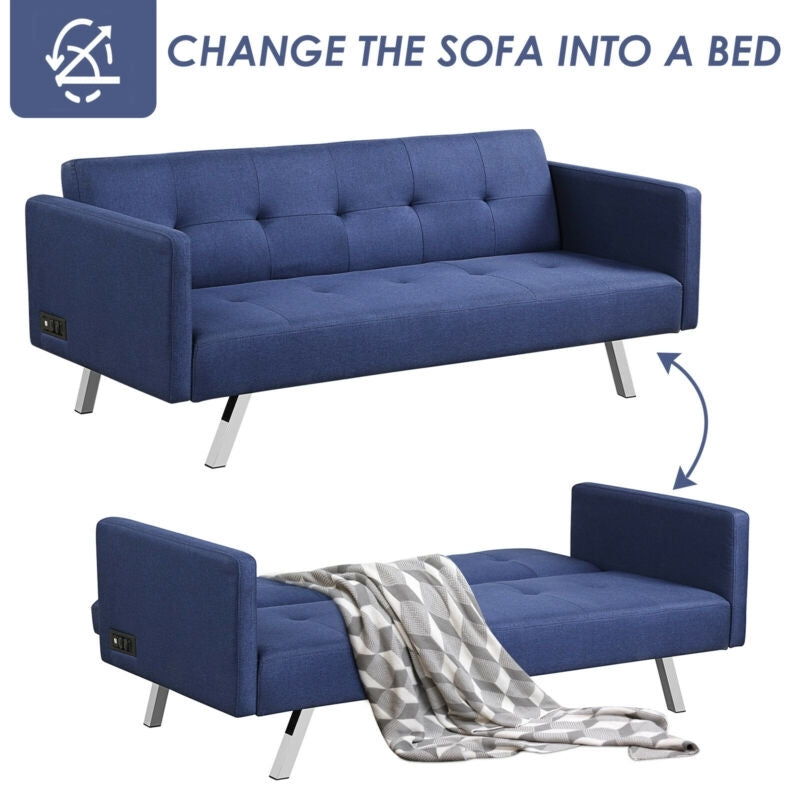 3 Seat Convertible Linen Fabric Futon Sofa with USB and Power Strip-Blue