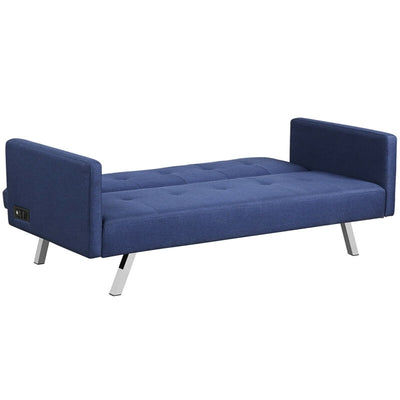 3 Seat Convertible Linen Fabric Futon Sofa with USB and Power Strip-Blue