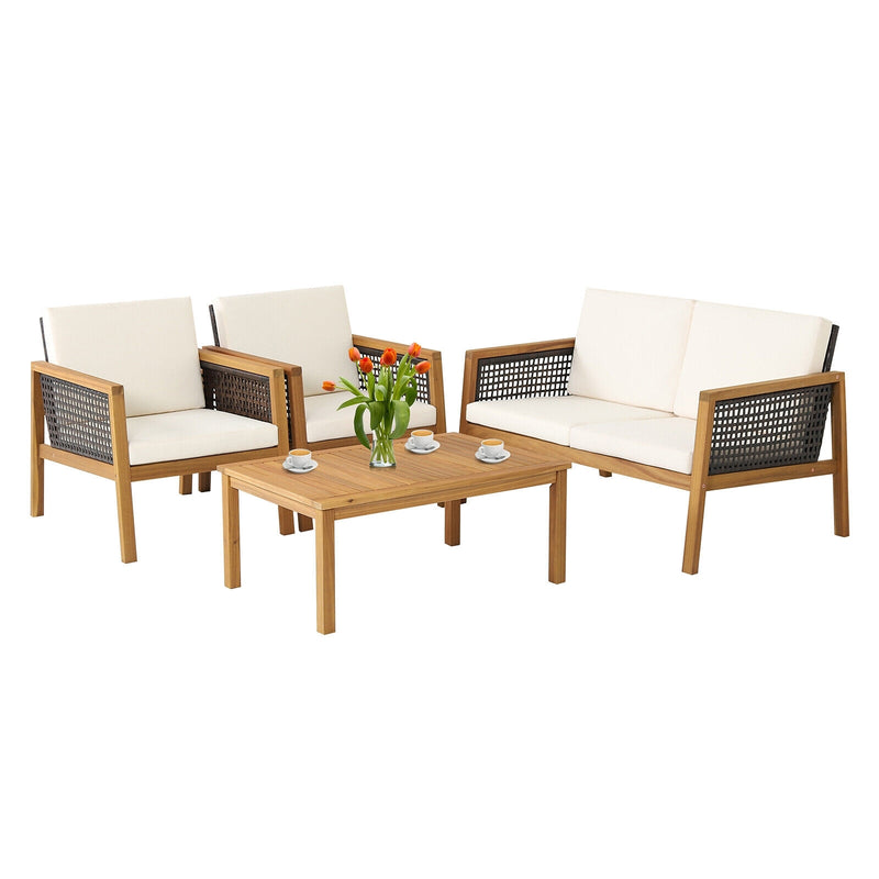 4 Pieces Patio Rattan Furniture Set with Removable Cushions-White