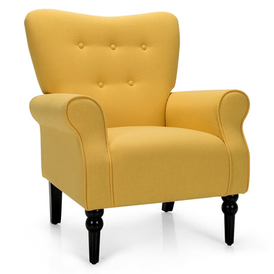 Modern Accent Chair with Tufted Backrest and Rubber Wood Avocado Legs-Yellow