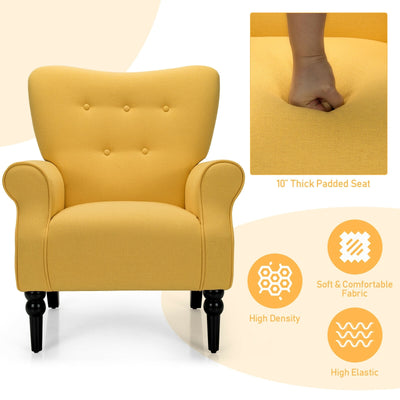 Modern Accent Chair with Tufted Backrest and Rubber Wood Avocado Legs-Yellow