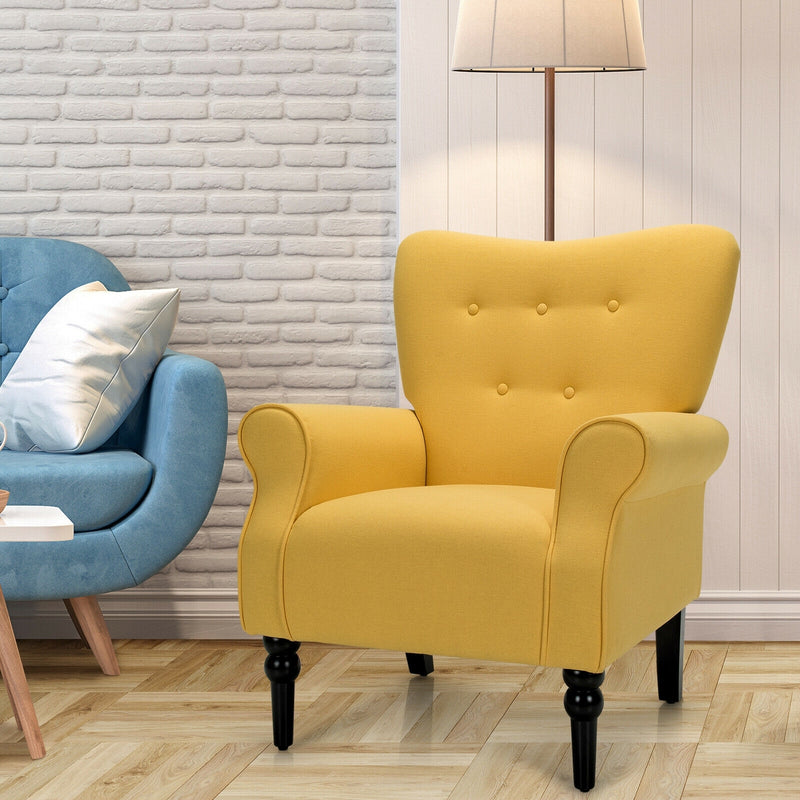 Modern Accent Chair with Tufted Backrest and Rubber Wood Avocado Legs-Yellow