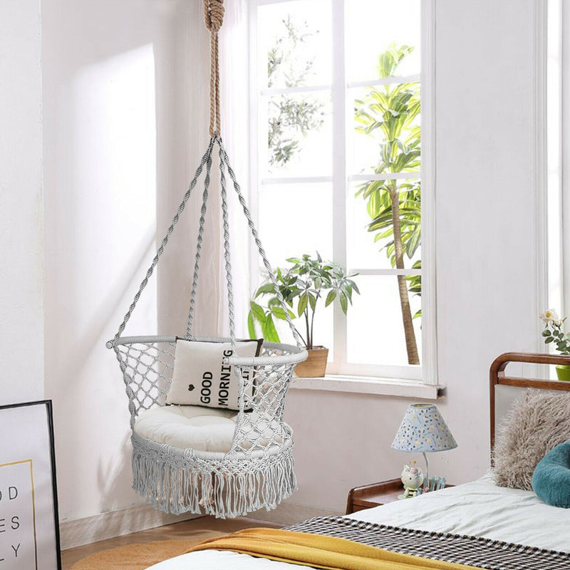 Hanging Hammock Chair Macrame Swing Hand Woven Cotton Backrest-Gray