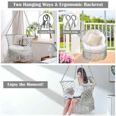 Hanging Hammock Chair Macrame Swing Hand Woven Cotton Backrest-Gray