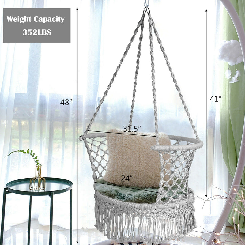 Hanging Hammock Chair Macrame Swing Hand Woven Cotton Backrest-Gray