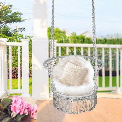 Hanging Hammock Chair Macrame Swing Hand Woven Cotton Backrest-Gray