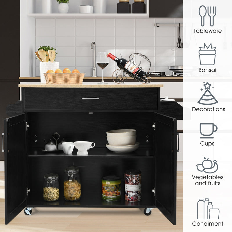 Rolling Kitchen Island Cart with Towel and Spice Rack-Black