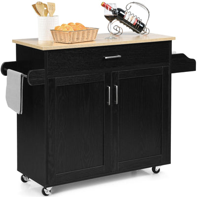 Rolling Kitchen Island Cart with Towel and Spice Rack-Black