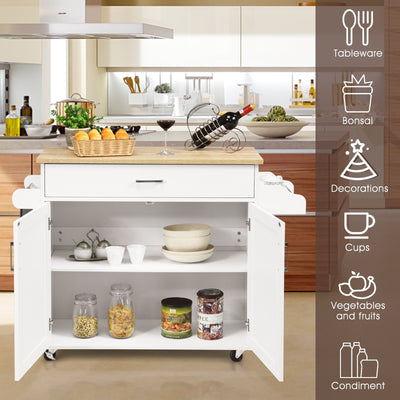 Rolling Kitchen Island Cart with Towel and Spice Rack-White