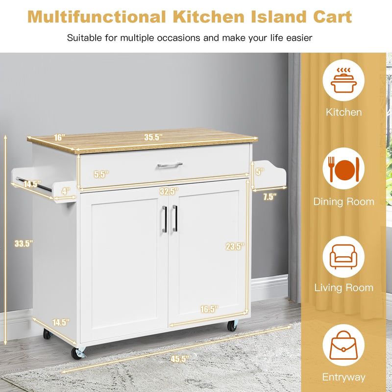 Rolling Kitchen Island Cart with Towel and Spice Rack-White