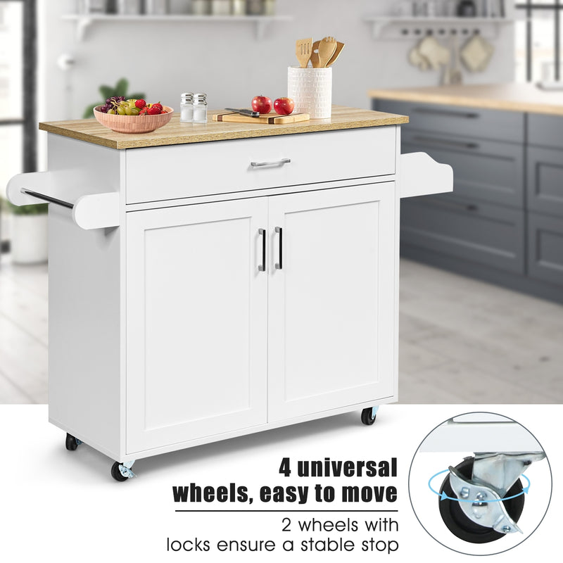 Rolling Kitchen Island Cart with Towel and Spice Rack-White