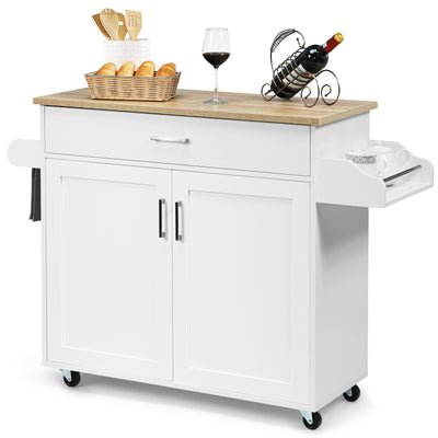 Rolling Kitchen Island Cart with Towel and Spice Rack-White