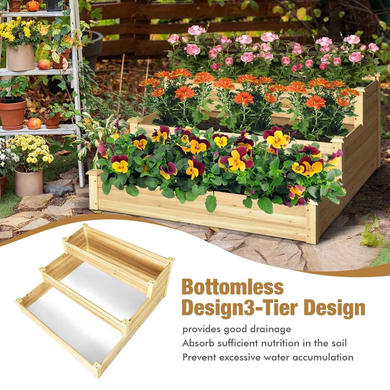 3-Tier Raised Garden Bed Wood Planter Kit for Flower Vegetable Herb