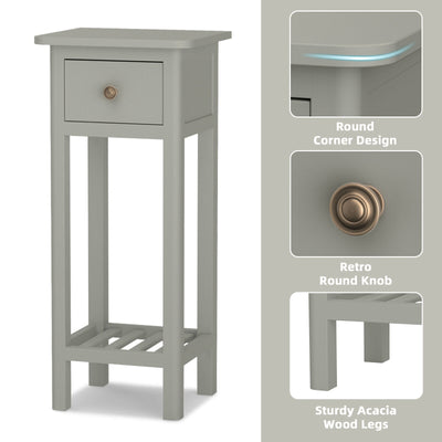 2 Tier Slim Nightstand Bedside Table with Drawer Shelf-Gray