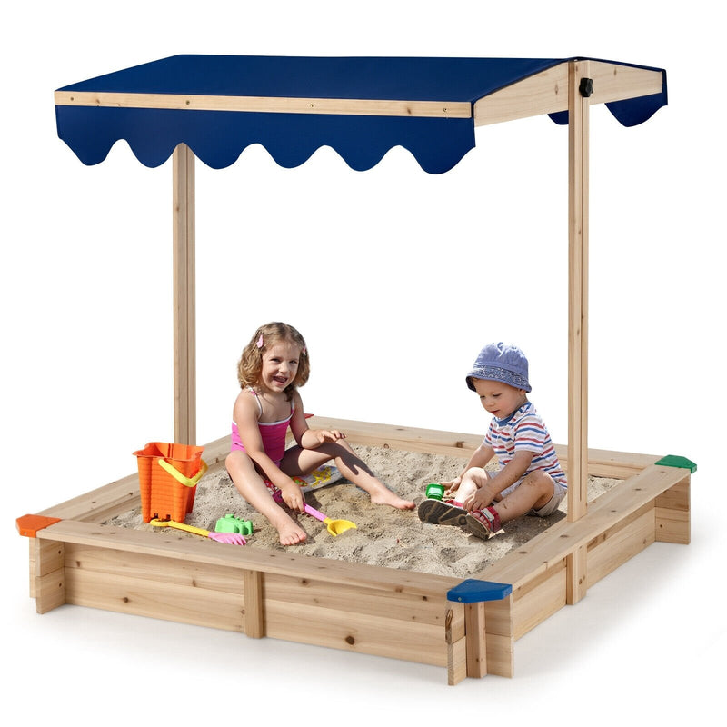 Kids Wooden Sandbox with Height Adjustable and Rotatable Canopy Outdoor Playset