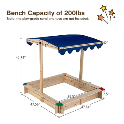 Kids Wooden Sandbox with Height Adjustable and Rotatable Canopy Outdoor Playset