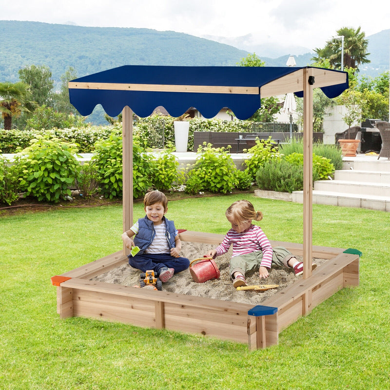 Kids Wooden Sandbox with Height Adjustable and Rotatable Canopy Outdoor Playset