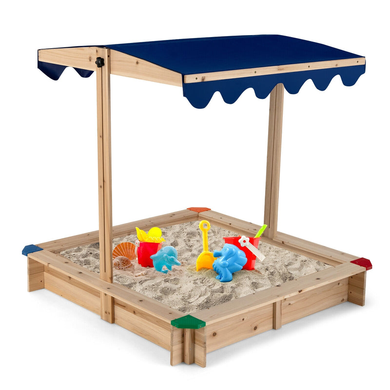 Kids Wooden Sandbox with Height Adjustable and Rotatable Canopy Outdoor Playset