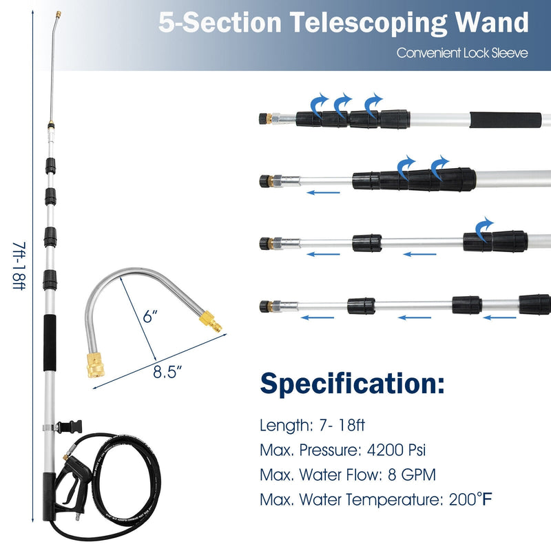 4000 PSI 18 Feet Telescoping Spray Wand Pressure Washer with 5 Connect Nozzles