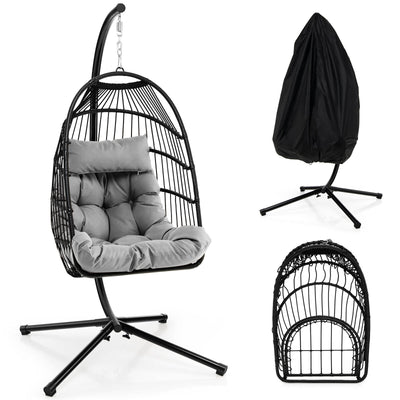 Patio Hanging Egg Chair with Stand Waterproof Cover and Folding Basket-Gray