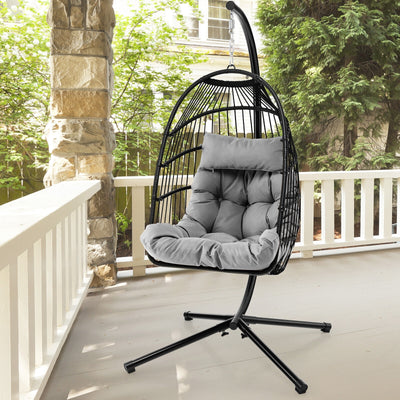 Patio Hanging Egg Chair with Stand Waterproof Cover and Folding Basket-Gray