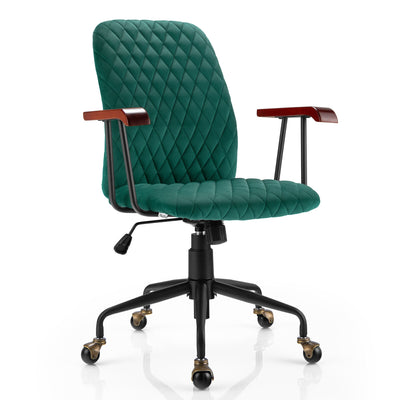 Velvet Home Office Chair with Wooden Armrest-Green