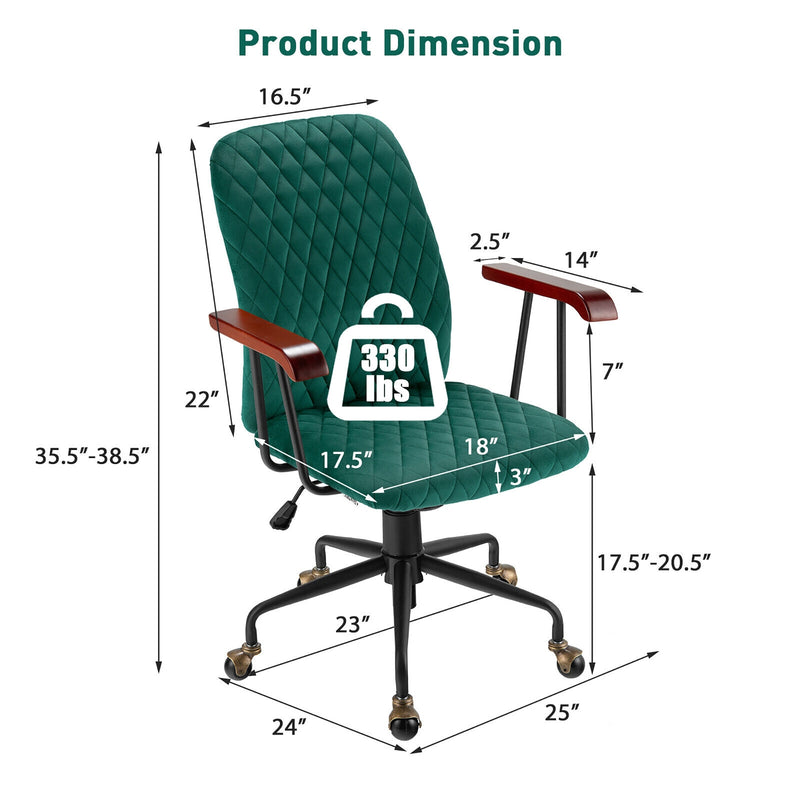 Velvet Home Office Chair with Wooden Armrest-Green