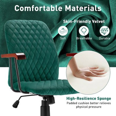 Velvet Home Office Chair with Wooden Armrest-Green