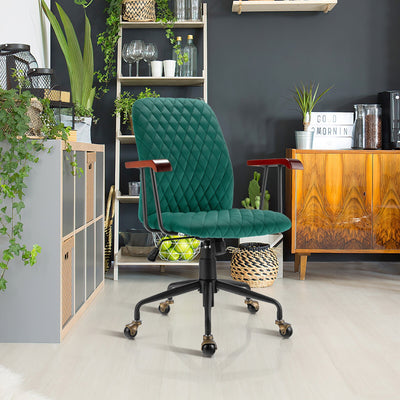 Velvet Home Office Chair with Wooden Armrest-Green