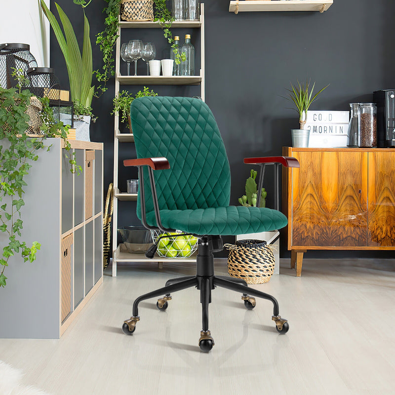 Velvet Home Office Chair with Wooden Armrest-Green