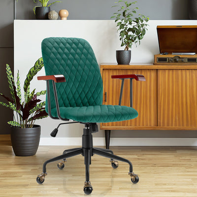 Velvet Home Office Chair with Wooden Armrest-Green