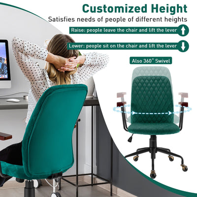 Velvet Home Office Chair with Wooden Armrest-Green