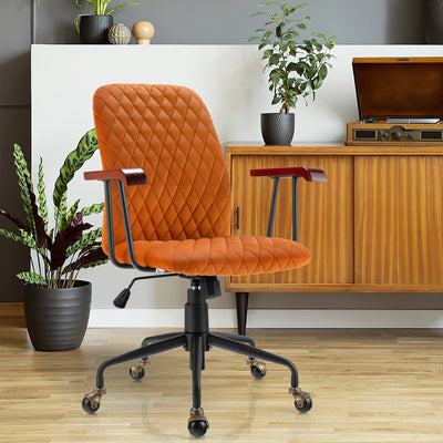 Velvet Home Office Chair with Wooden Armrest Orange