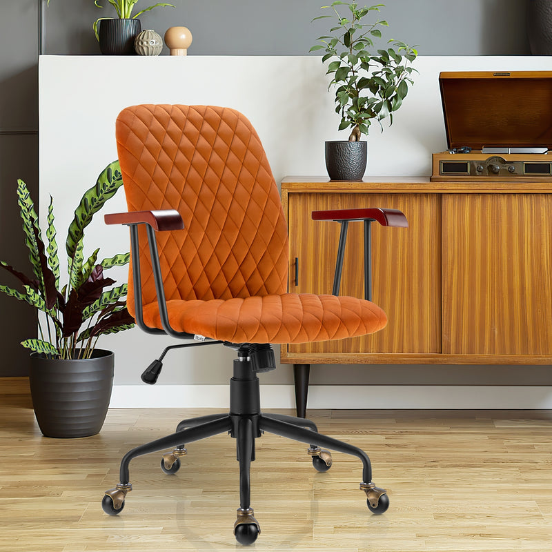 Velvet Home Office Chair with Wooden Armrest Orange