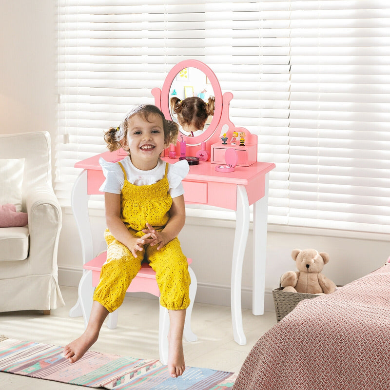 Kids Vanity Princess Makeup Dressing Table Stool Set with Mirror and Drawer-Pink