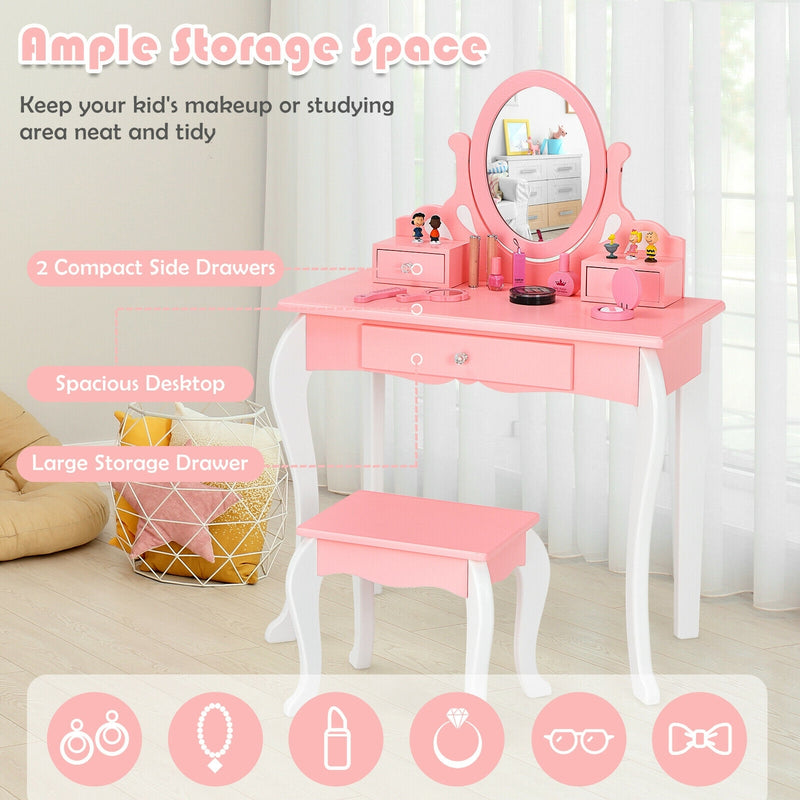 Kids Vanity Princess Makeup Dressing Table Stool Set with Mirror and Drawer-Pink