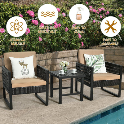 3 Pieces Patio Rattan Bistro Cushioned Furniture Set