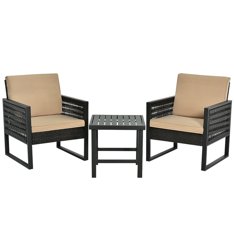 3 Pieces Patio Rattan Bistro Cushioned Furniture Set