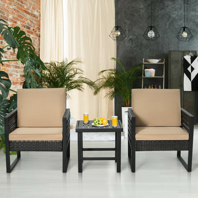 3 Pieces Patio Rattan Bistro Cushioned Furniture Set