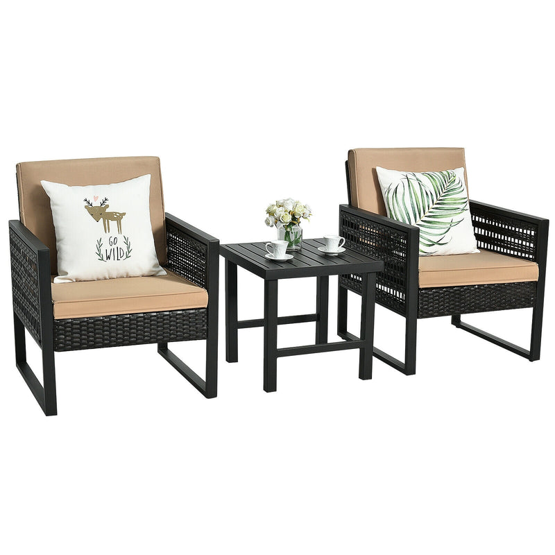 3 Pieces Patio Rattan Bistro Cushioned Furniture Set