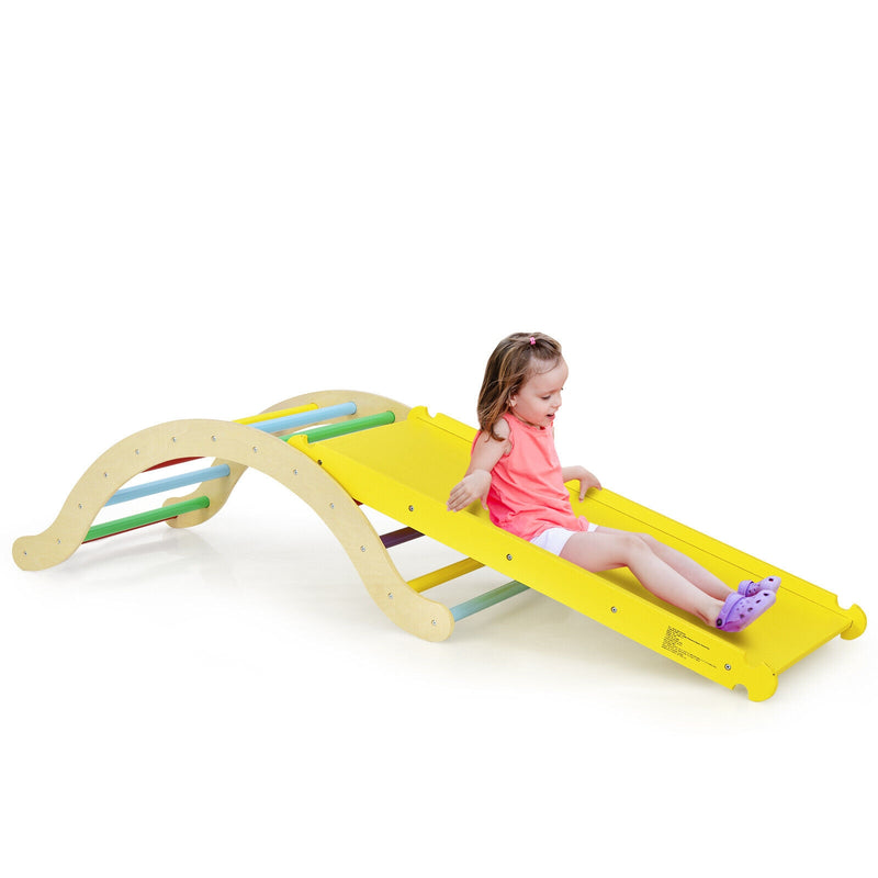 3-in-1 Kids Climber Set Wooden Arch Triangle Rocker with Ramp and Mat