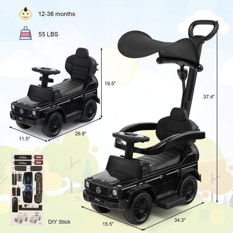 3-In-1 Ride on Push Car Mercedes Benz G350 Stroller Sliding Car with Canopy-Black