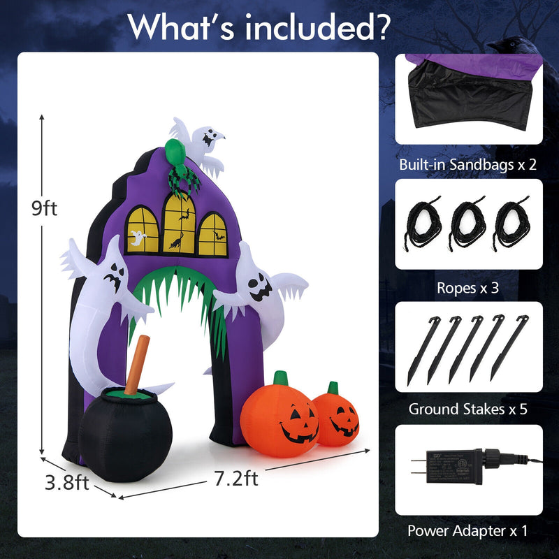 9 Feet Tall Halloween Inflatable Castle Archway Decor with Spider Ghosts and Built-in