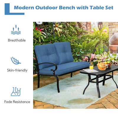 2 Pieces Patio Loveseat Bench Table Furniture Set with Cushioned Chair-Blue