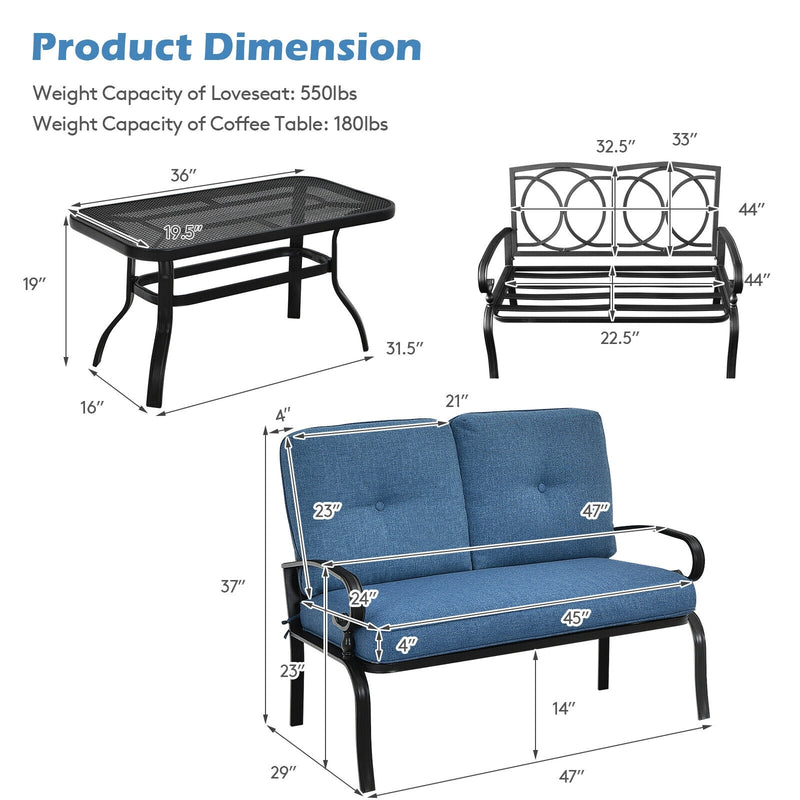 2 Pieces Patio Loveseat Bench Table Furniture Set with Cushioned Chair-Blue