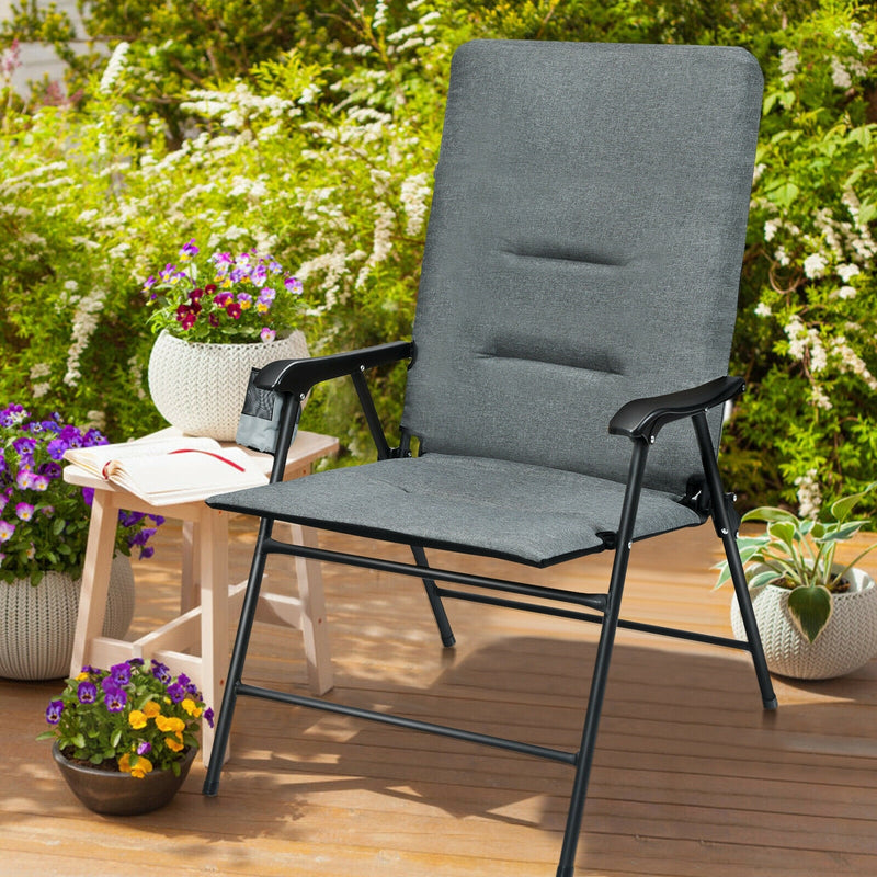 Patio Folding Padded Chair with High Backrest and Cup Holder-Gray