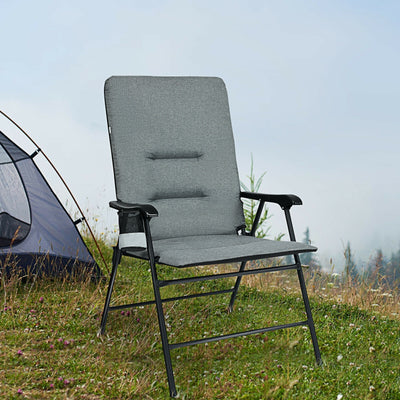 Patio Folding Padded Chair with High Backrest and Cup Holder-Gray